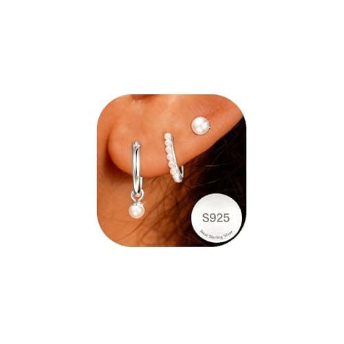 Image of AVOTTO 3 Pair 925 Sterling Silver Stud Hoop Earrings for Women Hypoallergenic Silver Small Pearl Stud Hoop Drop HUggie Earrings Stacks Jewellry Gifts