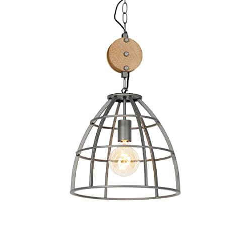 Image of Qazqa - Industrial Pendant Lamp I Pendant Light Ceiling Dark Gray with Wood 34 cm - Arthur- - Industrial - Suitable for LED E27 | 1 Light - Wood Pendant Light - Suitable for Living Room I Kitchen I