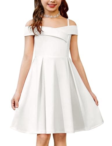 Image of Arshiner Girls Dress Spaghetti Strap Kids Sleeveless Dresses Festive Off Shoulder Dress Summer Elegant Party Dresses for Girls 11-12 Years White