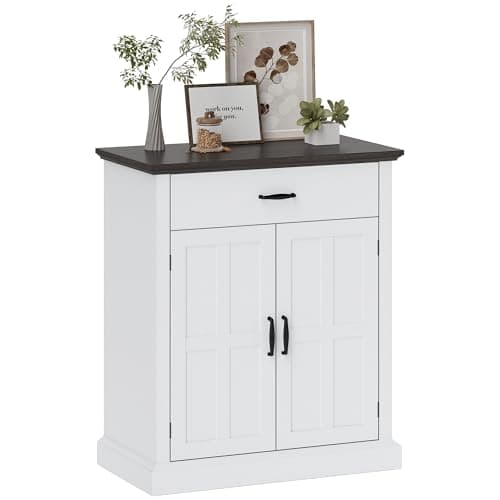 Image of HOMCOM Small Sideboard, Rustic Storage Cabinet with 3 cm Thick Top, Adjustable Shelf, Drawer and 2 Barn Doors, Storage Cupboard for Living Room, White