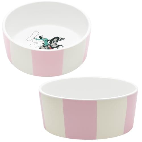 Image of Cath Kidston Set of 2 Dog Bowls 400ml – Dishwasher Safe Weighted Ceramic Stoneware, Non-Slip Durable Non-Toxic Pet Bowls, Cowgirl Stripe | 13.5 cm Diameter