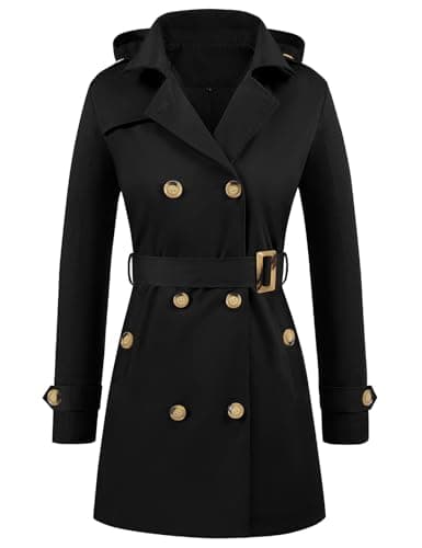 Image of Tuopuda Women's Waterproof Trench Coat Double-Breasted Classic Lapel Overcoat Belted Slim Fit Jackets Outerwear Coat with Detachable Hood(Black,L)