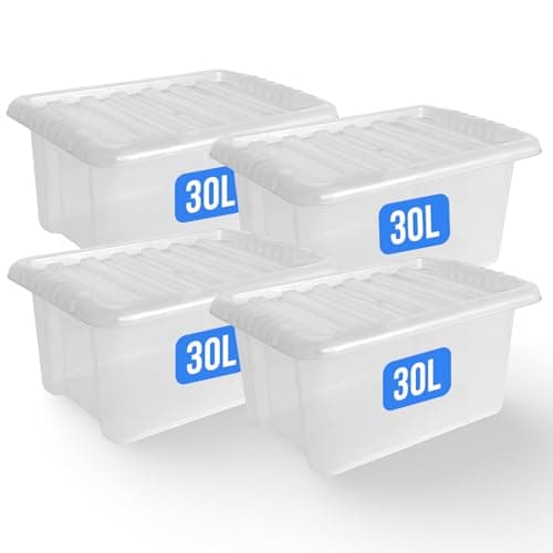 Image of KAPCO Organisational Tubs – 4 x 30L Plastic Storage Boxes with Secure Lids | Medium Clear Plastic Storage Solution Ideal for Toys, Wardrobe & Kitchen Organiser | Strong, Stackable, Nestable | 30 Litre