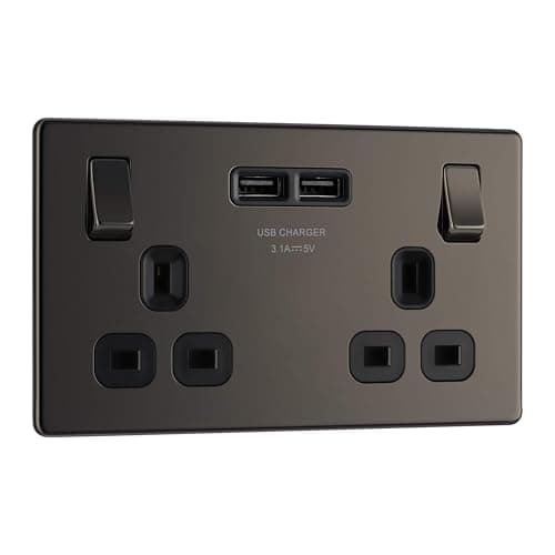 Image of BG Electrical fbn22u3b Screwless Flat Plate Double Switched Fast Charging Power Socket with Two USB Charging Ports, 13 A, Black Nickel, 16.3 cm*18.0 cm*3.1 cm