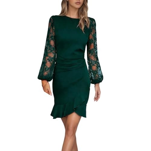 Image of Fashion Casual Elegant Round Neck Lace Puffed Sleeve Dress - A breezy summer dress for relaxed days. Comfortable, versatile and feminine clothing., Green, L