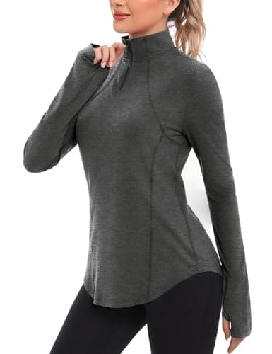 Image of Crewhpo Womens Gym Tops Long Sleeve 1/4 Zip Sports T-Shirt Workout Running Hiking Top for Ladies Breathable Polo Shirts with Thumb Holes Grey