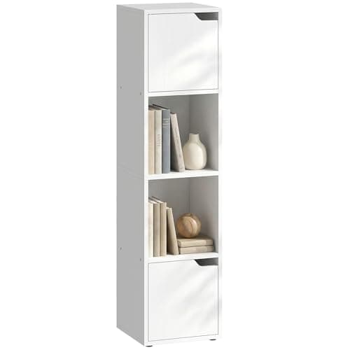 Image of HOMCOM Bookcase with 2 Cabinets and Doors, 4-Tier Bookshelf, Storage Cabinet with Open Shelves and Anti-Tipping Design, for Living Room, Bedroom, Home Office, White