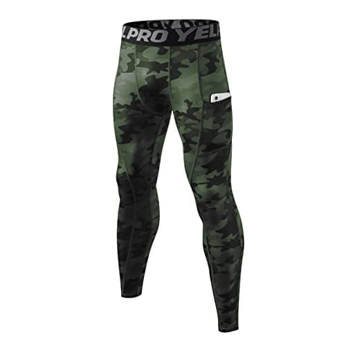 Image of Ruowuhen Compression Leggings Mens Running Leggings with Pockets, Cool Dry Sports Tights Long Base Layers Bottoms Pants Camo Green S