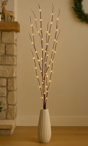 Image of 4ft. Christmas Pre-Lit Twig Decoration Indoor Vase Decorative Festive Tree Branch - 80 Warm White LED Lights - Perfect for Christmas, Winter, or General Home and Wedding Lighting (Light Brown)