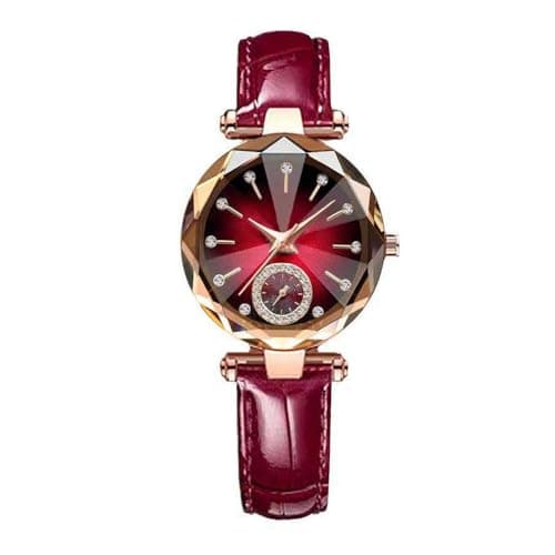 Image of Cdycam Women’s Watches Wholesale Bracelet Elegant Leather Strap Watch Fashion Simulation Creative Diamond Dial Watch Round Dial Analog Quartz Wristwatches (Red)