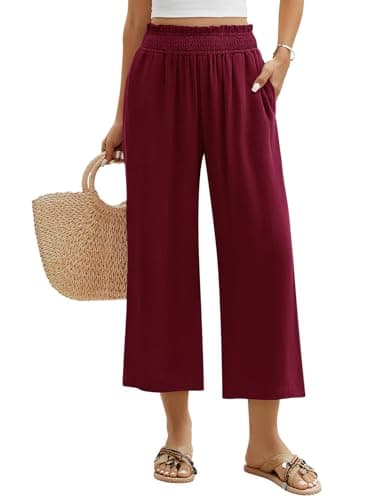 Image of PASUDA Womens Linen Trousers Summer Wide Leg Pants with Elastic Waist Pockets Loose Cotton Solid Color Casual Flowy Lounge Pants for Ladies Lightweight Cropped Trousers (Purplish Red, M)