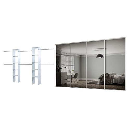 Image of SPACEPRO Sliding Wardrobe Doors White Frame Mirror | 4 Door Modern Sliding Door Wardrobe with Full Length Mirror Wardrobe Panels BSEN12600 | Closet for Bedroom | Ideal for 2260mm x 3606mm opening