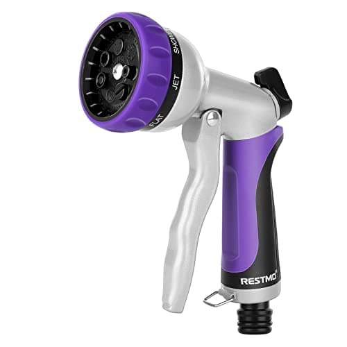 Image of RESTMO Hose Pipe Spray Gun, Heavy Duty Garden Hose Spray Gun, High Pressure Hose Nozzle, Metal Hand Sprayer with 7 Patterns and Water Flow Control, Ideal to Water Plant & Lawn, Wash Car & Pet, Purple
