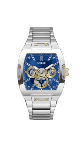Image of GUESS Men's Trend Casual Tonneau Diamond 43mm Watch, Silver Tone/Silver Tone/Blue, One Size, Classic