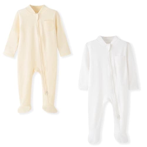 Image of BINIDUCKLING Baby Boys Girls Double Zip Up Sleepsuit - Two-Way Zipper, Baby Footed Pajamas with Mitten Cuffs - Cotton Long Sleeve Onesie for Baby Grows 9-12 Month, Beige and White