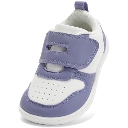 Image of STQ KIDS Toddler Shoes Girls Wide Toe Box Barefoot Shoes Lightweight Kids School Trainers First Walking Shoe Non Slip Soft Running Tennis Sneaker Daycare Sports White/Purple 7 UK Toddler