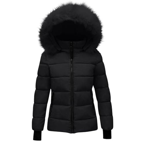 Image of Girls Waterproof Parka Coats Faux-Fur Hooded Long Puffer Jackets Teen Kids Winter Insulated Quilted Down Outwear (Black, 11-12 Years)