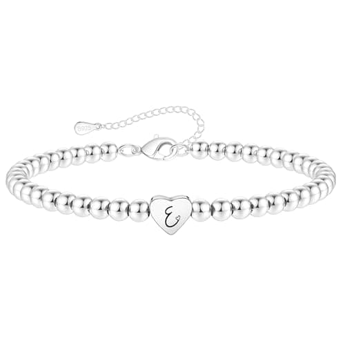 Image of Crownette S925 Silver Bead Bracelet for Women Adjustable Heart Initial Letter Bracelet Birthday Jewellery Gift (E)