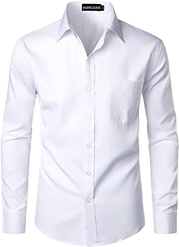 Image of PARKLEES Men's Urban Stylish Casual Business Slim Fit Long Sleeve Button Up Dress Shirt with Pocket White XL