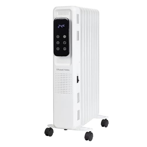 Image of Russell Hobbs 2000W/2KW Oil Filled Radiator Digital 9 Fin Portable Electric Heater in White, 3 Heat Settings, 24hr Auto Timer, Overheat Protection, 2 Year Guarantee RHOFR2009-D