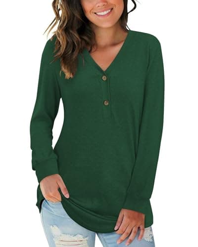 Image of AUSELILY Women's Long Sleeve Tops V-Neck Jumpers Causal Button Down Sweatshirts Loose Henley T Shirt Blouse(Dark Green,M)