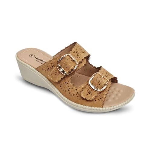 Image of Womens Wide Fit Wedge Sandals EEE Fitting Twin Buckle Open Toe Strap Slip On Mule Beach Holiday Ladies Summer Massage Footbed (Beige, UK Footwear Size System, Adult, Women, Numeric, Wide, 5)