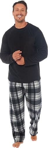 Image of MICHAEL PAUL Mens Soft & Cosy Fleece Pyjamas | Warm PJ Set Nightwear Sleepwear Loungewear Modern Set with Check Bottoms | Soft Twosie Pyjama Set for Men Gifts for Him Black Check M