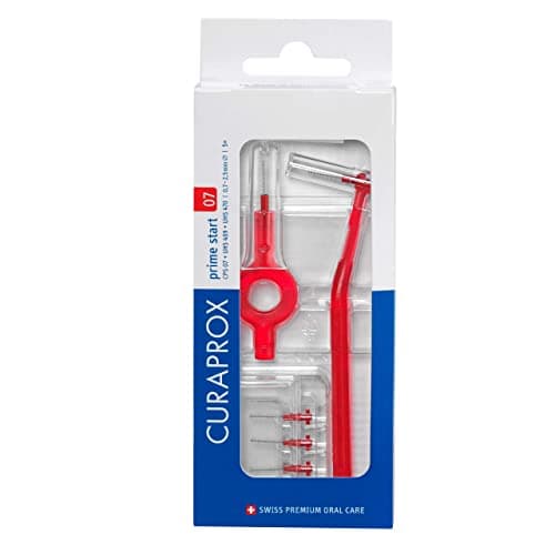 Image of Curaprox CPS 07 Prime Start Interdental Brush Set |Starter Set with 5 Brushes |2 Different Holders |Red | 0.7 mm Diameter |2.5 mm Effectiveness | Made in Switzerland