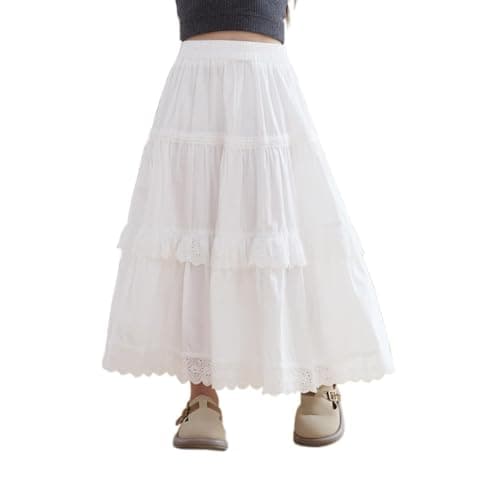 Image of Citridarll Little Girls Midi Skirts Ruffle Tiered Hem Skirt with Lace Trim Elastic Waist Cotton Summer 150, 9-10 Years,White