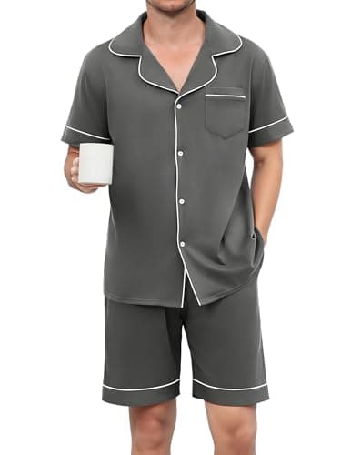 Image of Reliwel Mens Pyjamas Set Short Sleeve Cotton V Neck Short Pyjamas for Men Pjs Set Men Short Sleeve Button Up Sleepwear 2 Pieces Male Pyjamas Set Shorts Mens Summer Pjs Sets Casual Loungewear