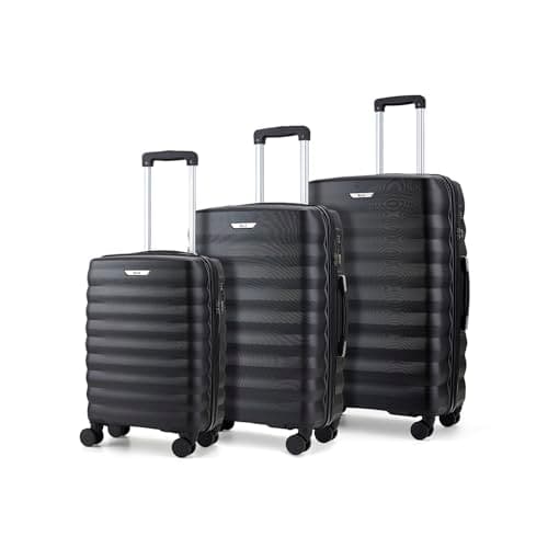 Image of Rock Berlin Set of 3 Hard Shell Suitcases in Black - 360 Swivel-Wheels, Hard-Wearing ABS, Telescopic Handle & Combination Lock - Cabin, Medium & Large