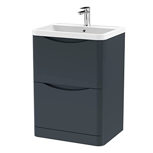 Image of nuie LUN1401 Lunar Modern Bathroom Floor Standing 2 Drawer Vanity Basin Unit with Polymarble Basin, 600mm, Soft Black