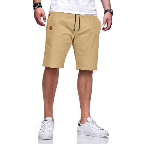 Image of JustSun Mens Shorts with Pockets Summer Casual Shorts for Men UK Chino Cotton Elasticated Waist Khaki S