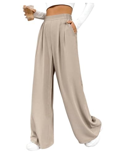 Image of GORGLITTER Women's Elasticated Waist Wide Leg Trousers Pleated Oversized Plain Pants Straight Light Weight Bottom Apricot M