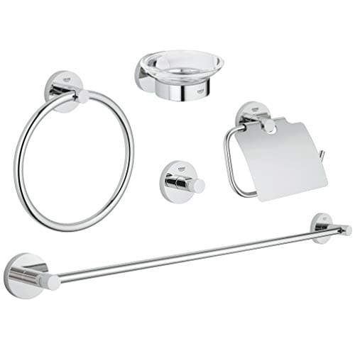 Image of GROHE Essentials - Bathroom Accessory 5 Piece Set (Towel Ring, Towel Rail, 60 cm, Robe Hook, Toilet Paper Holder with Cover, Soap Dish with Holder), Material: Glass and Metal, Chrome, 40344001