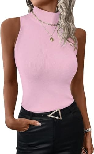 Image of TrendiMax Women's Mock Neck Tank Tops Slim Fit Ribbed Knit Sleeveless Tops Casual Cami Vest Shirts Pink
