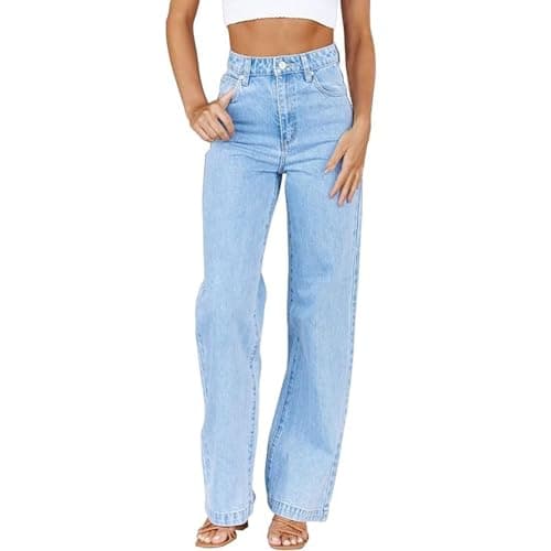 Image of Ladies Stretch Jeans, Mom Jeans For Women Uk, Casual Straight Leg Jean Pants, Comfy Loose Denim Pants With Pockets Basic Button Up Long Trousers Classic Versatile Denim Trousers