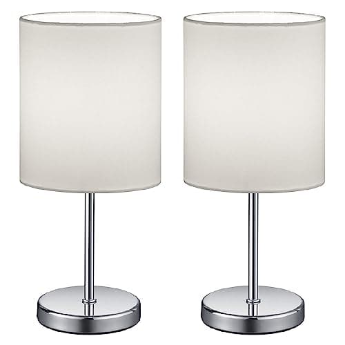 Image of Britalia 2 Pack - Polished Chrome Slimline Metal Stem Table Desk Lamp with White Fabric Cylinder Drum Shade | 28cm Height | 1 x SES E14 Lamp Bulb Required | Sleek & Simplistic Design