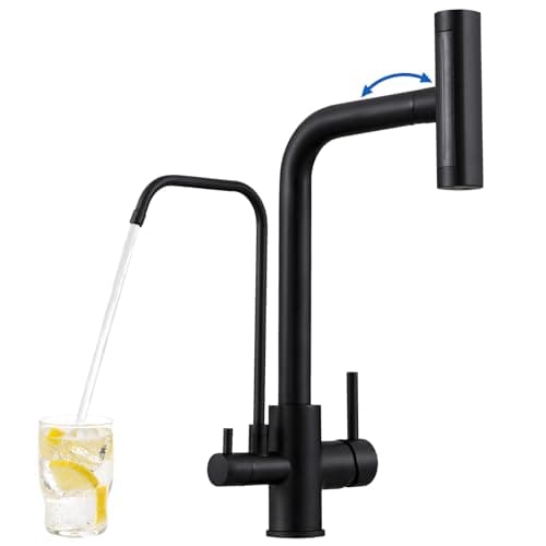 Image of ROVOGO 3 Way Kitchen Mixer Tap Black with Pull Out Spray and Water Filter, Monobloc Kitchen Sink Tap with 4 Spray Modes, Dual Lever Stainless Steel 304 Kitchen Faucet 360° Swivel, High Arc, L-spout