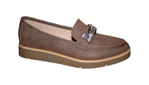 Image of Cushion Walk Ladies Casual Slip-On Smooth Faux Leather Comfort Sporty Wedge Loafer with Chain Trim Sizes 4-8 (Brown, UK Footwear Size System, Adult, Women, Numeric, Medium, 8)