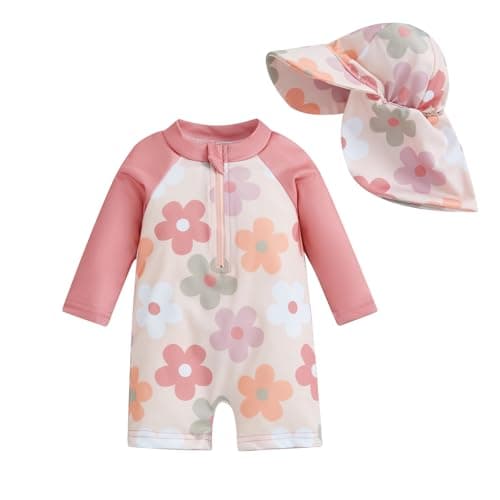 Image of Geagodelia Toddler Baby Girl Swimsuit and Hat Zip Up Long Sleeve All in One Swimming Costume UV Sun Protection Swimwear One Piece Swimming Suit Rash Guard Sunsuit (Floral Dark Rose, 12-18 Months)