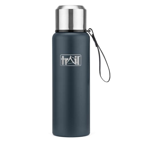 Image of Trail Vacuum Flask with Strap 1000ml, Stainless Steel Thermal Flask for Camping, Hiking & Travel, Keeps Drinks Hot 12hrs / Cold 24hrs, Double Walled, Leak-Proof, Twist-&-Pour Stopper, Lid Cup (Grey)