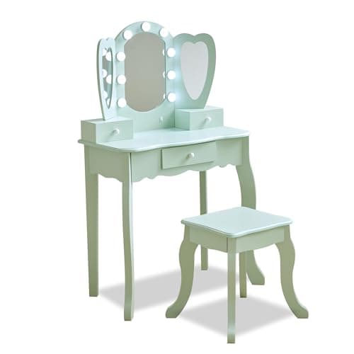 Image of Teamson Kids Heart-Shaped Vanity in Sage Green with LED Lights, Triple Mirror, Stool & Storage Drawers, Boosts Creativity, Confidence & Imagination