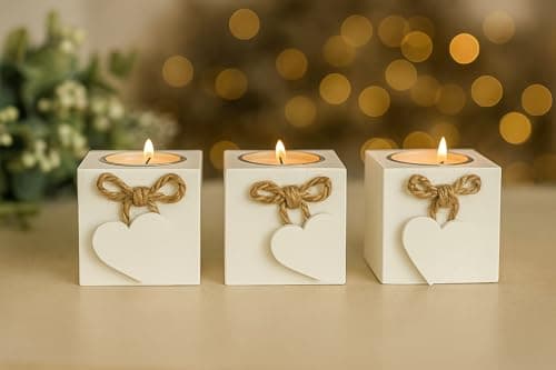 Image of White Wooden Love Heart Box Shabby Chic Candle Holders. Rustic Home Decor Table Centrepiece, Modern 3x Tealight Living Room Accessories Wedding Table Centrepiece