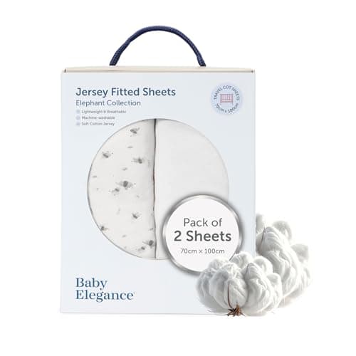 Image of Baby Elegance Travel Cot Sheets Pack of 2 | 70 x 100 cm Baby Travel Cot Sheets Fitted | Machine Washable, Soft & Breathable Premium-Quality Jersey | Includes 2 Sheets - Elephant Whimsical Design