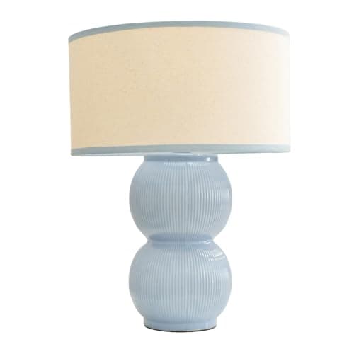 Image of ValueLights | Gemma Linen with Blue Trim Shade Stacked Ribbed Blue Glazed Table Lamp with Bulb | Table Lamps, Home Décor & Improvement Essential | Light Bulb Included