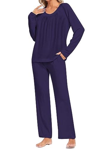 Image of Famulily Womens Winter Pajama Sets Long Sleeve Homewear Soft Smoked O Neck 2 Pcs Pjs Set with Pockets Navy Blue S