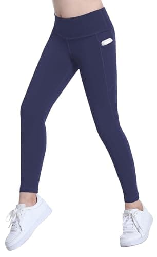 Image of VilyR Girls' Athletic Leggings Kids High Waist Running Yoga Pants with Pockets,Navy Blue,5-6Y