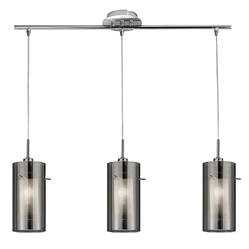 Image of Britalia Polished Chrome & Double Glass Modern 3 Lamp Bar Pendant Ceiling Light | Smoked & Frosted Cylindrical Glass Shades | 3 x E14 SES Lamp Bulbs Required (Not Included)