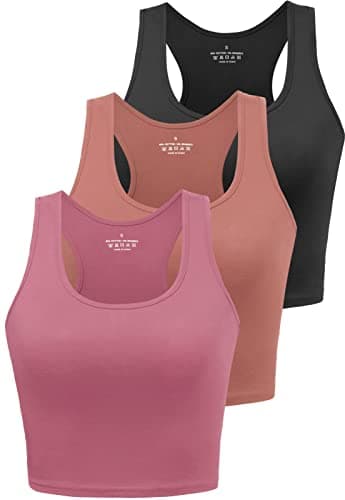Image of BryticFlow Women's Crop Vest Top 3 Pack Cotton Gym Tops for Yoga Running Shirts Racerback Sleeveless Workout Tank Cropped Ladies Tops Black/Red/Rose L